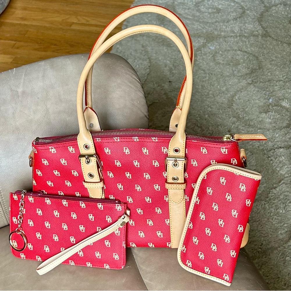 3 piece set!! Dooney & Burke Domed Satchel Beige and red monogramed set!
